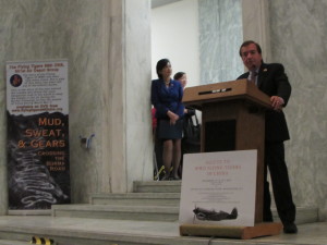 US Representative Ed Royce speaks to visitors at the exhibition.