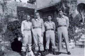 Four members of the 7-man "DUCK MISSION," who liberated the Weihsien Concentration Camp in Shantung Province, China, on August 17, 1945. (Left to Right): Raymond Hanchulak, Stanley Staiger, Tad Nagaki, Jim Moore